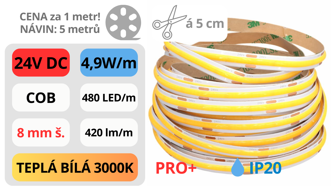 LED pásek COB 24V / 480LED / 4,9W / 3000K / IP20 / 8mm / PRO+